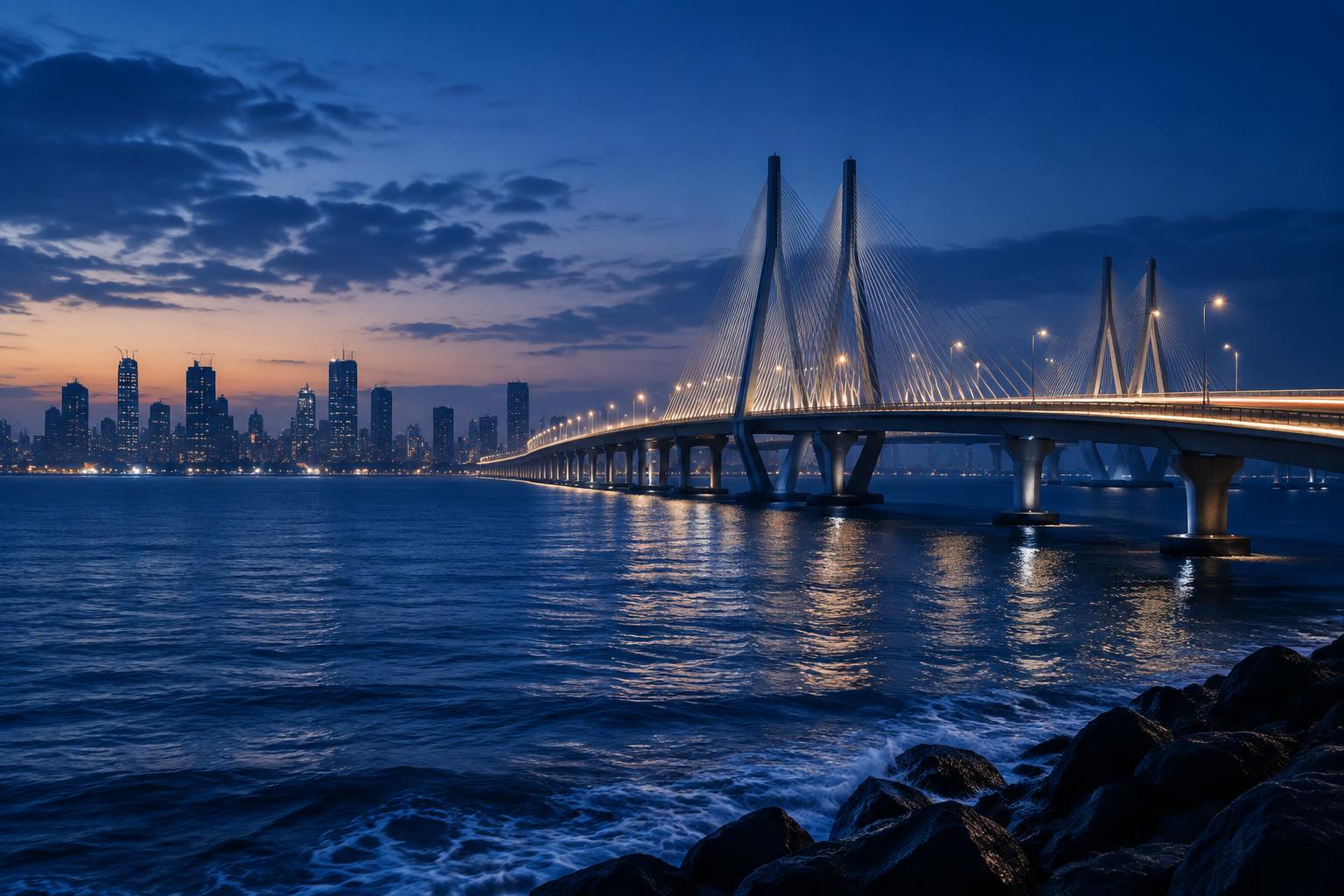 Bandra-Worli Sea Link and the Mumbai skyline at dusk